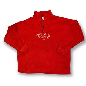 VINTAGE NIKE Red Spellout Mid Swoosh Quarter Zip Fleece Made in USA (Size Large)